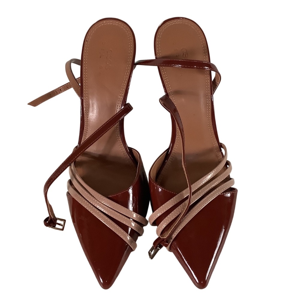 ASOS DESIGN Burgundy Patent Multi Strap Pointed Toe Stiletto Heels Size 9
